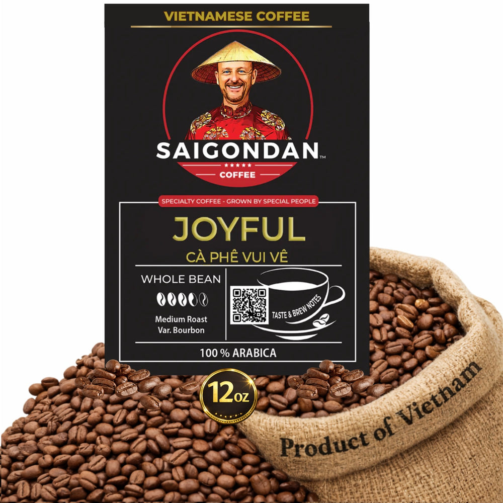 Joyful Whole Bean Coffee | Medium Roast | Vietnamese Single Origin | 100% Arabica Bourbon | Roasted in Small Batch | Direct Trade | With Notes of Orange Blossoms | No Preservatives | 12 Oz