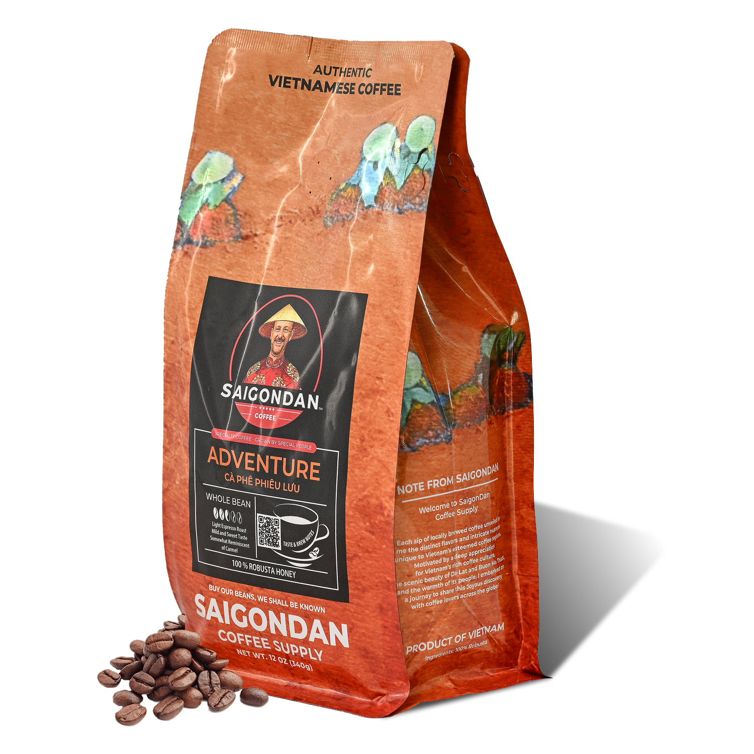 Adventure Whole Bean Coffee | Light Espresso Roast | 100% Robusta | Vietnamese Single Origin | Roasted in Small Batch | Smooth & Naturally Sweet | Direct Trade | No Preservatives | 12 Oz