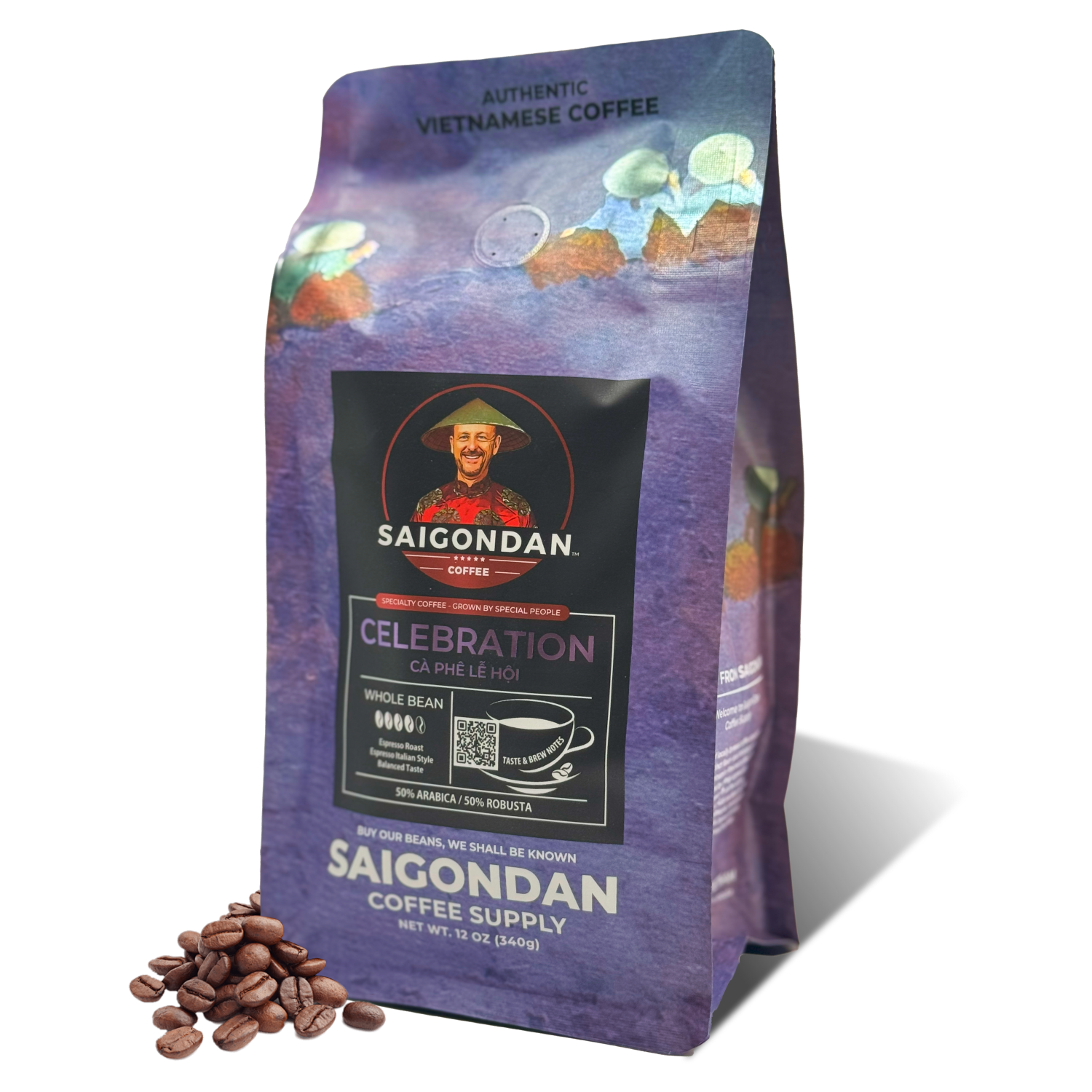 Celebration Whole Bean Coffee | Espresso Roast Italian Style | Vietnamese Single Origin | Arabica & Robusta Blend | Roasted in Small Batch | Direct Trade | No Preservatives | 12 Oz