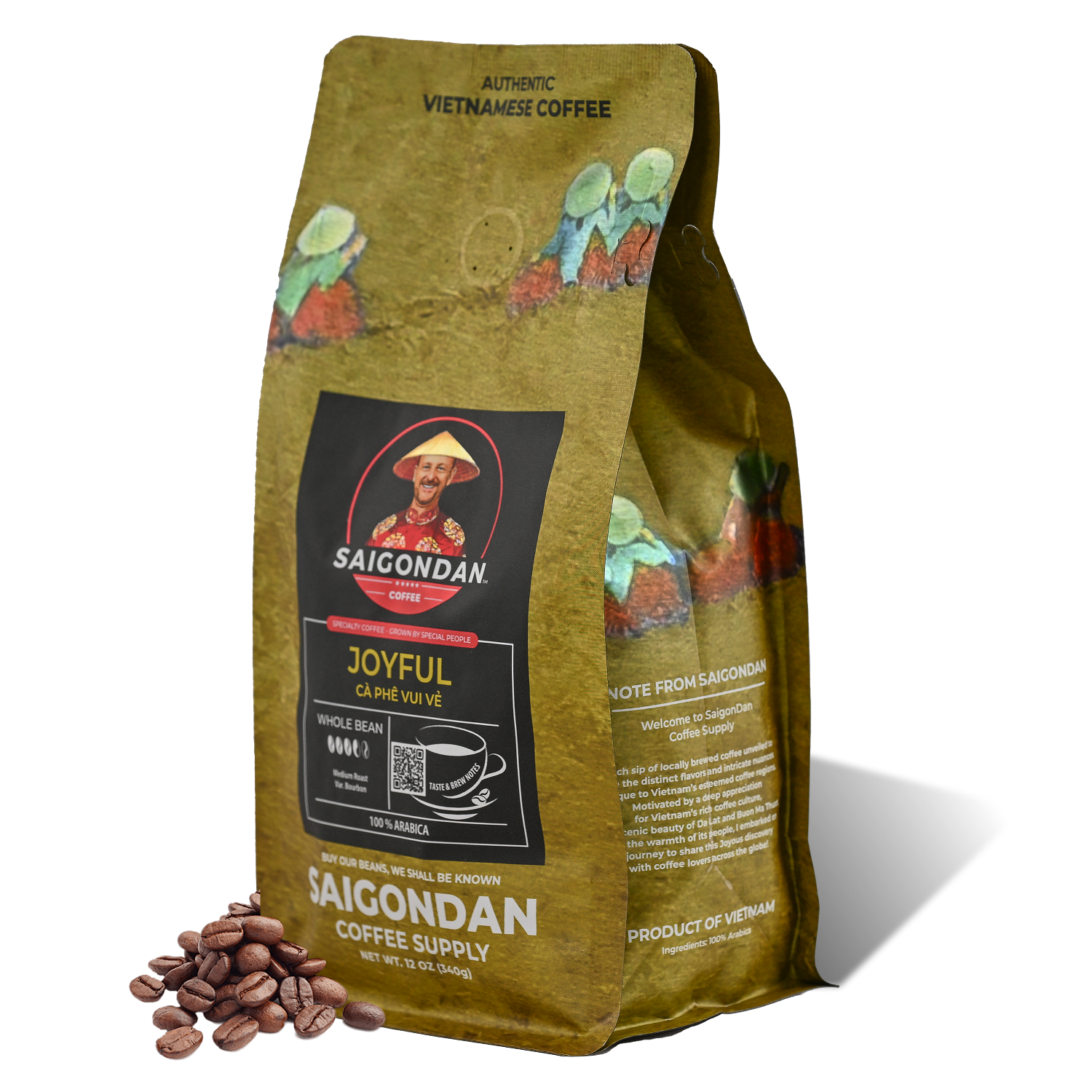 Joyful Whole Bean Coffee | Medium Roast | Vietnamese Single Origin | 100% Arabica Bourbon | Roasted in Small Batch | Direct Trade | With Notes of Orange Blossoms | No Preservatives | 12 Oz