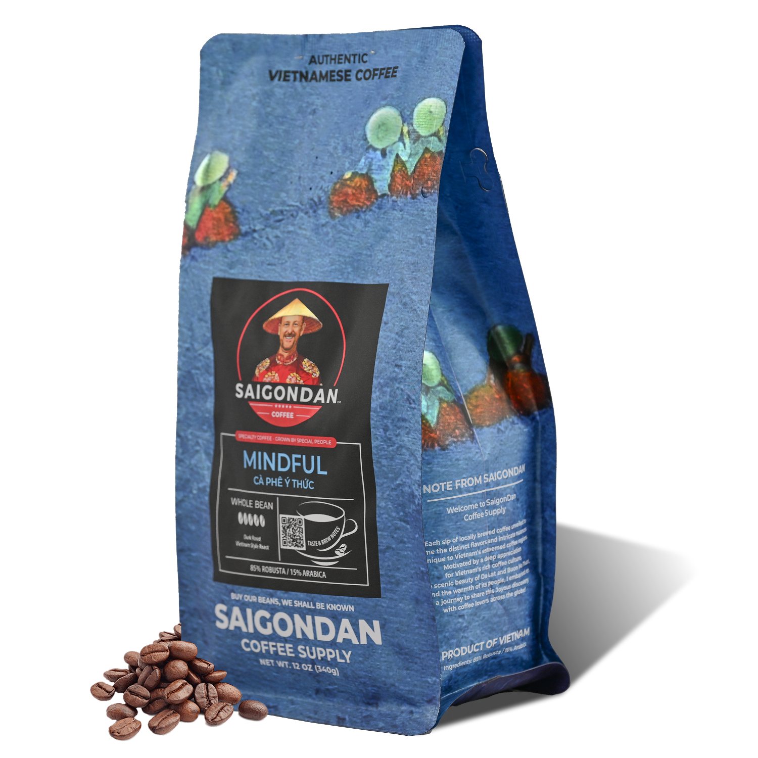 Mindful Whole Bean Coffee | Dark Roast | Robusta & Arabica Blend | Vietnamese Single Origin | Roasted in Small Batch | Full and Strong After Taste | Direct Trade | Full Bodied | No Preservatives | 12 Oz