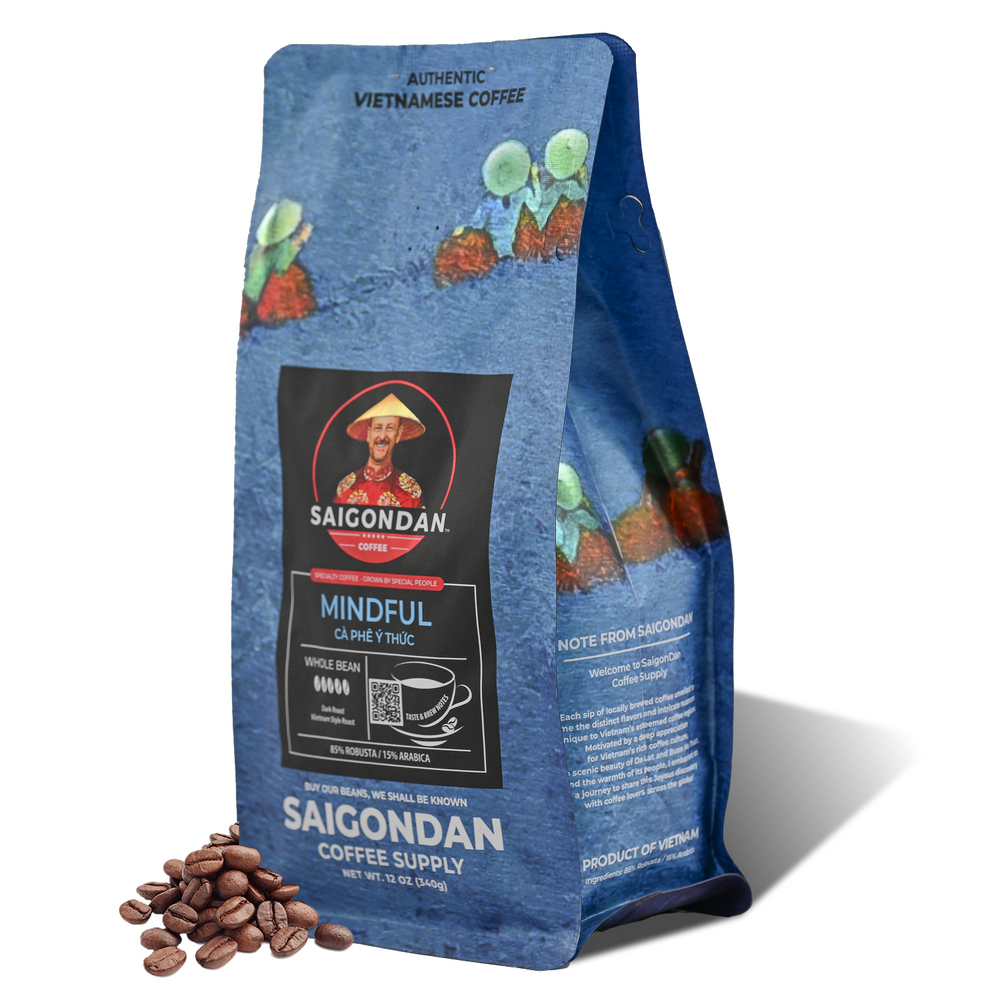Mindful Whole Bean Coffee | Dark Roast | Robusta & Arabica Blend | Vietnamese Single Origin | Roasted in Small Batch | Full and Strong After Taste | Direct Trade | Full Bodied | No Preservatives | 12 Oz