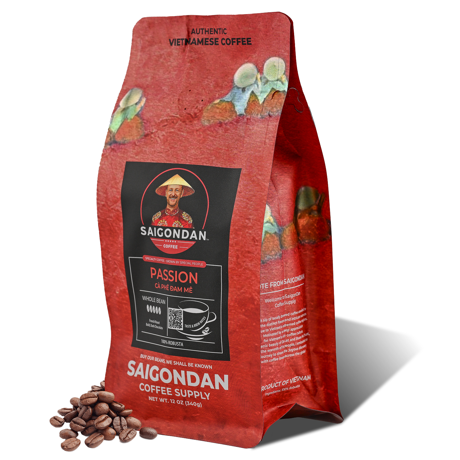 Passion Whole Bean Coffee | French Roast | Vietnamese Single Origin | 100% Robusta | Roasted in Small Batch | Direct Trade | No Preservatives | 12 Oz
