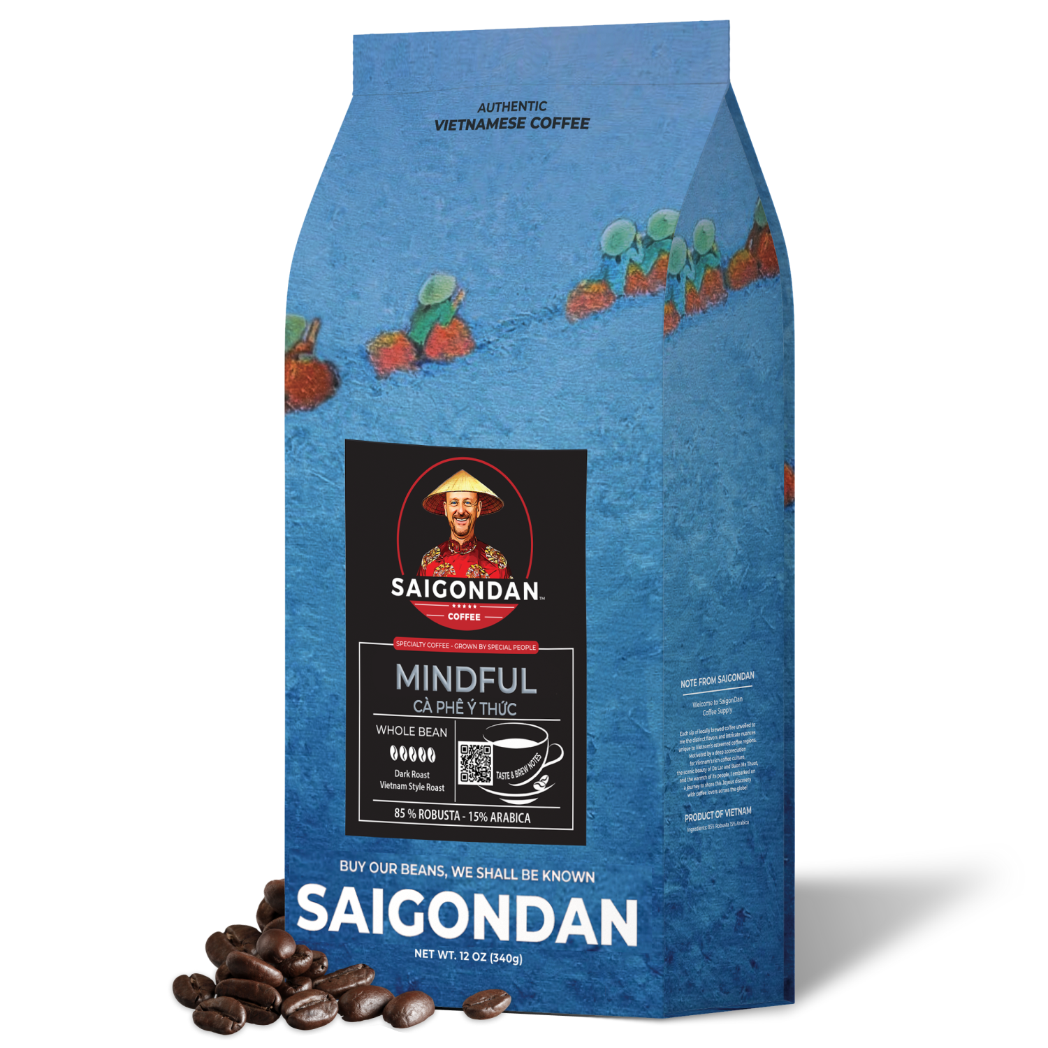 Mindful Whole Bean Coffee | Dark Roast | Robusta & Arabica Blend | Vietnamese Single Origin | Roasted in Small Batch | Full and Strong After Taste | Direct Trade | Full Bodied | No Preservatives | 12 Oz