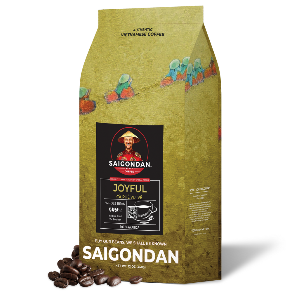 Joyful Whole Bean Coffee | Medium Roast | Vietnamese Single Origin | 100% Arabica Bourbon | Roasted in Small Batch | Direct Trade | With Notes of Orange Blossoms | No Preservatives | 12 Oz