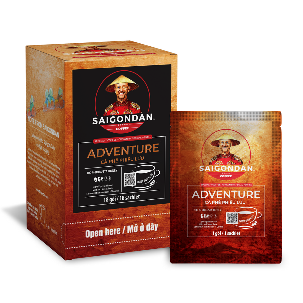 Adventure Drip Coffee | Light Espresso Roast | 100% Robusta | Pour Over Single-Serve | Vietnamese Single Origin | Small Batch Roasted | Direct Trade | Naturally Sweet | No Preservatives | 18 Sachets