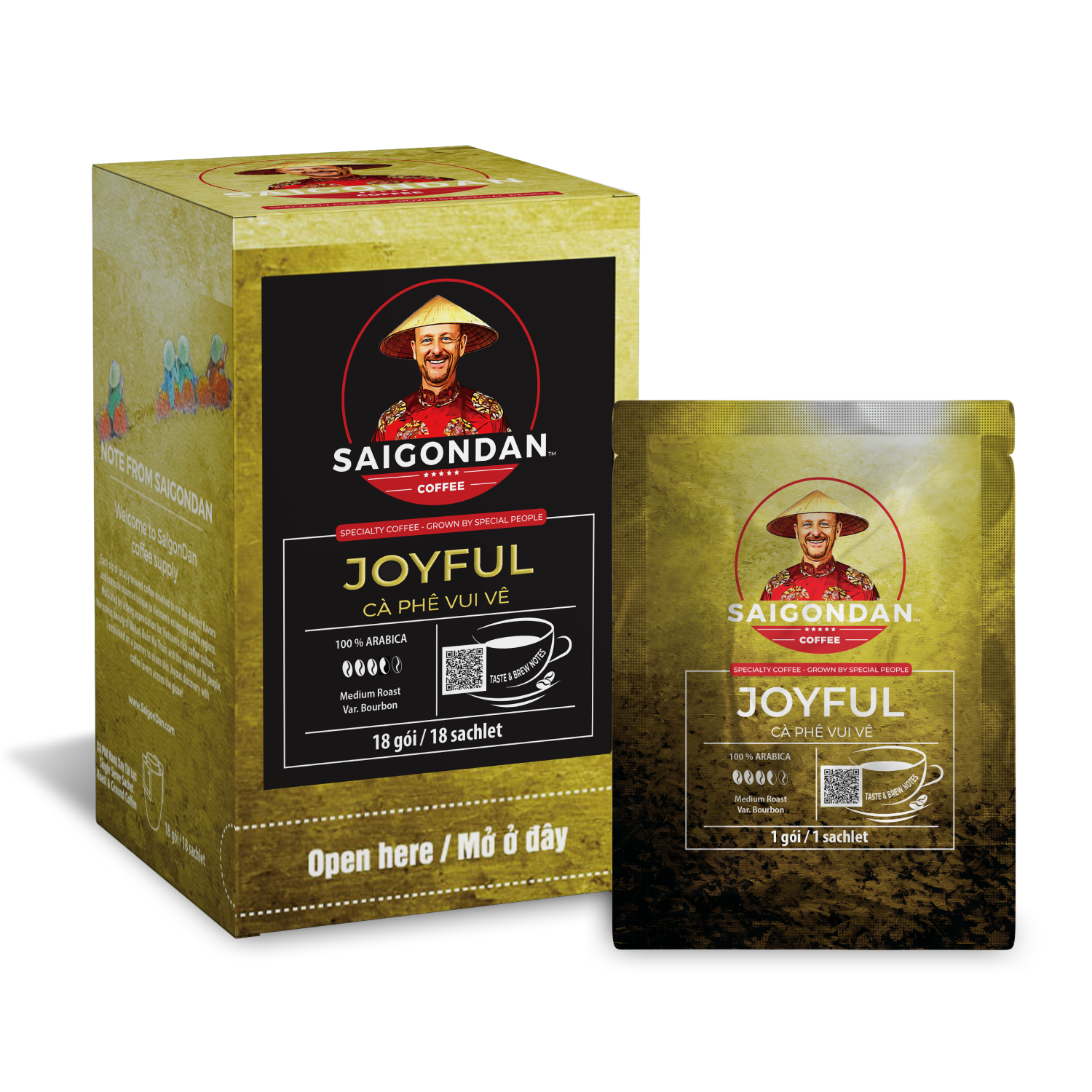 Joyful Drip Coffee |  Medium Roast |  100% Arabica Bourbon |  Pour Over Single-Serve | Vietnamese Single Origin |  Roasted in Small Batch |  Direct Trade |  With Notes of Orange Blossom |  No Preservatives |  18 Sachets