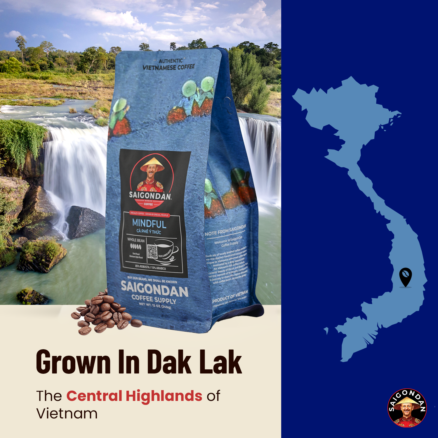 Mindful Whole Bean Coffee | Dark Roast | Robusta & Arabica Blend | Vietnamese Single Origin | Roasted in Small Batch | Full and Strong After Taste | Direct Trade | Full Bodied | No Preservatives | 12 Oz