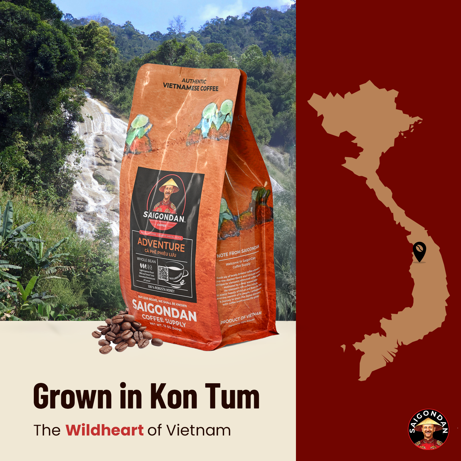 Adventure Whole Bean Coffee | Light Espresso Roast | 100% Robusta | Vietnamese Single Origin | Roasted in Small Batch | Smooth & Naturally Sweet | Direct Trade | No Preservatives | 12 Oz