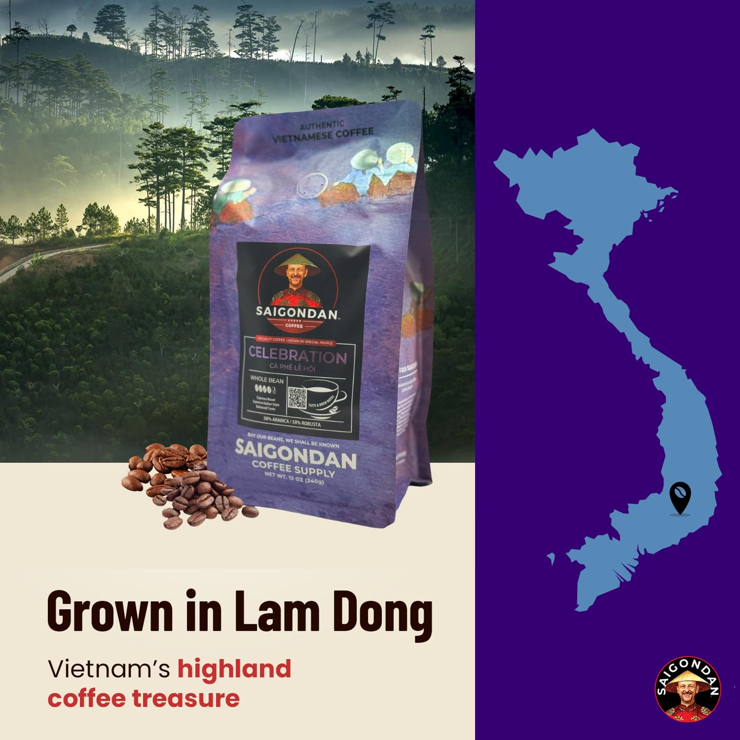 Celebration Whole Bean Coffee | Espresso Roast Italian Style | Vietnamese Single Origin | Arabica & Robusta Blend | Roasted in Small Batch | Direct Trade | No Preservatives | 12 Oz