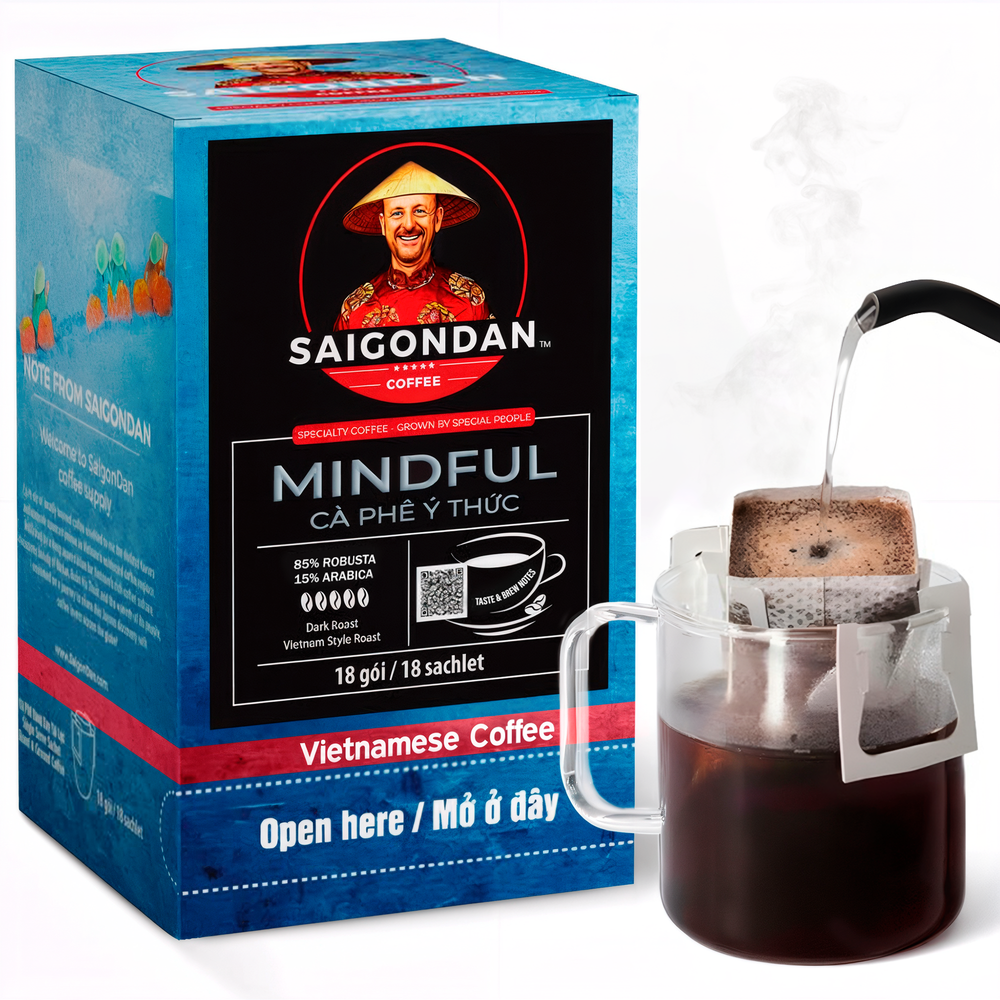 Mindful Drip Instant Coffee | Dark Roast | 85% Robusta & 15% Arabica | Pour Over Single-Serve | Vietnamese Single Origin | Roasted in Small Batch | Full and Strong After Taste | Direct Trade | No Preservatives | 18 Sachets