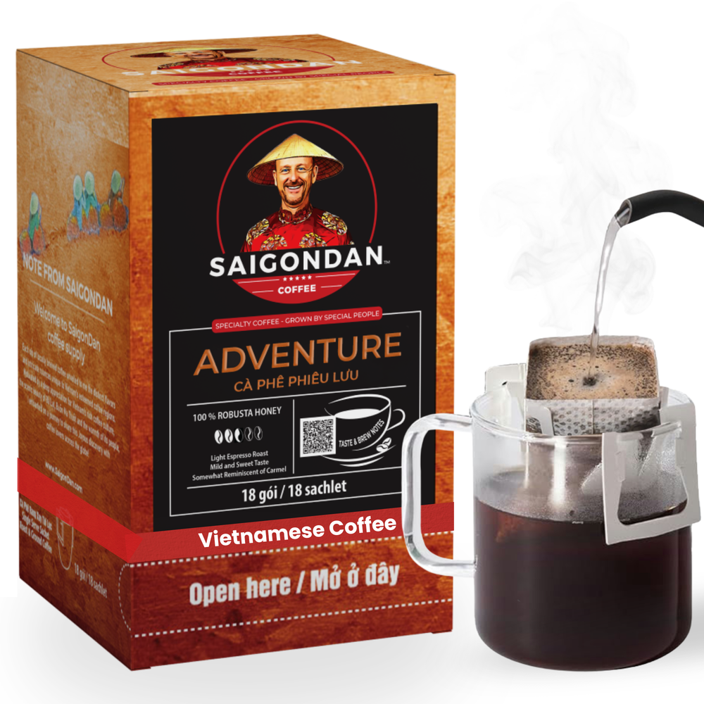 Adventure Drip Instant Coffee | Light Espresso Roast | 100% Robusta | Pour Over Single-Serve | Vietnamese Single Origin | Small Batch Roasted | Direct Trade | Naturally Sweet | No Preservatives | 18 Sachets