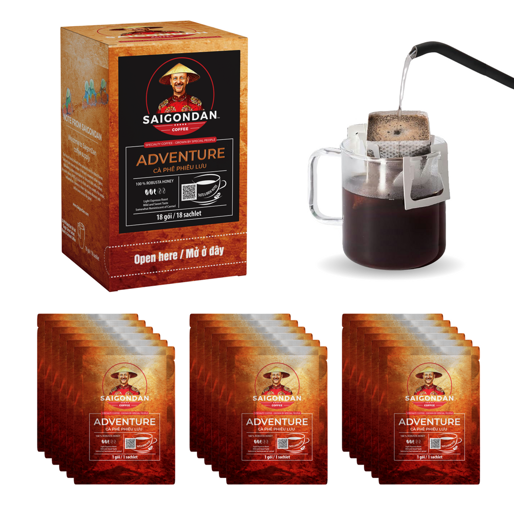 Adventure Drip Instant Coffee | Light Espresso Roast | 100% Robusta | Pour Over Single-Serve | Vietnamese Single Origin | Small Batch Roasted | Direct Trade | Naturally Sweet | No Preservatives | 18 Sachets