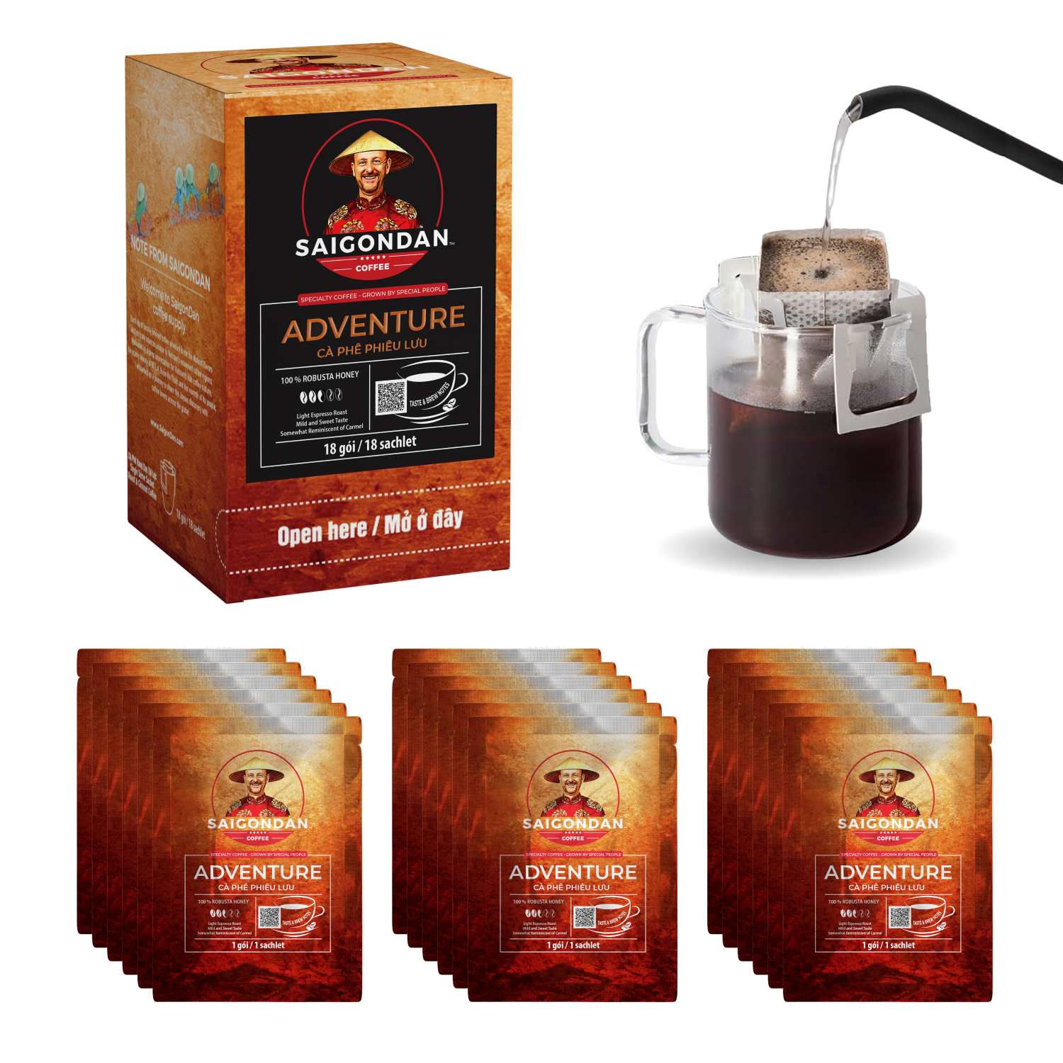 Adventure Drip Instant Coffee | Light Espresso Roast | 100% Robusta | Pour Over Single-Serve | Vietnamese Single Origin | Small Batch Roasted | Direct Trade | Naturally Sweet | No Preservatives | 18 Sachets
