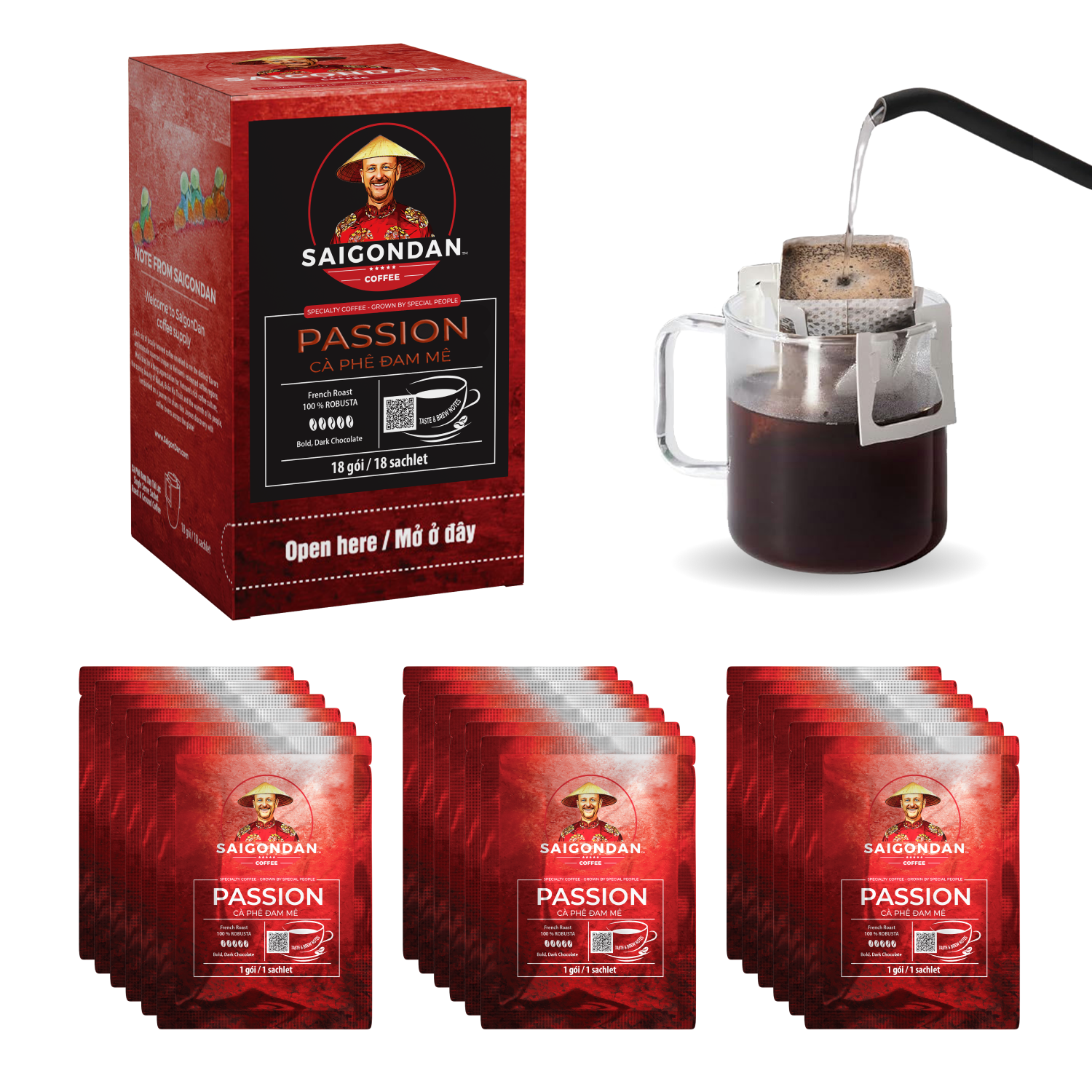 Passion Drip Instant Coffee | French Roast | 100% Robusta | Vietnamese Single Origin | Small Batch Roasted | Direct Trade | No Preservatives | 18 Sachets