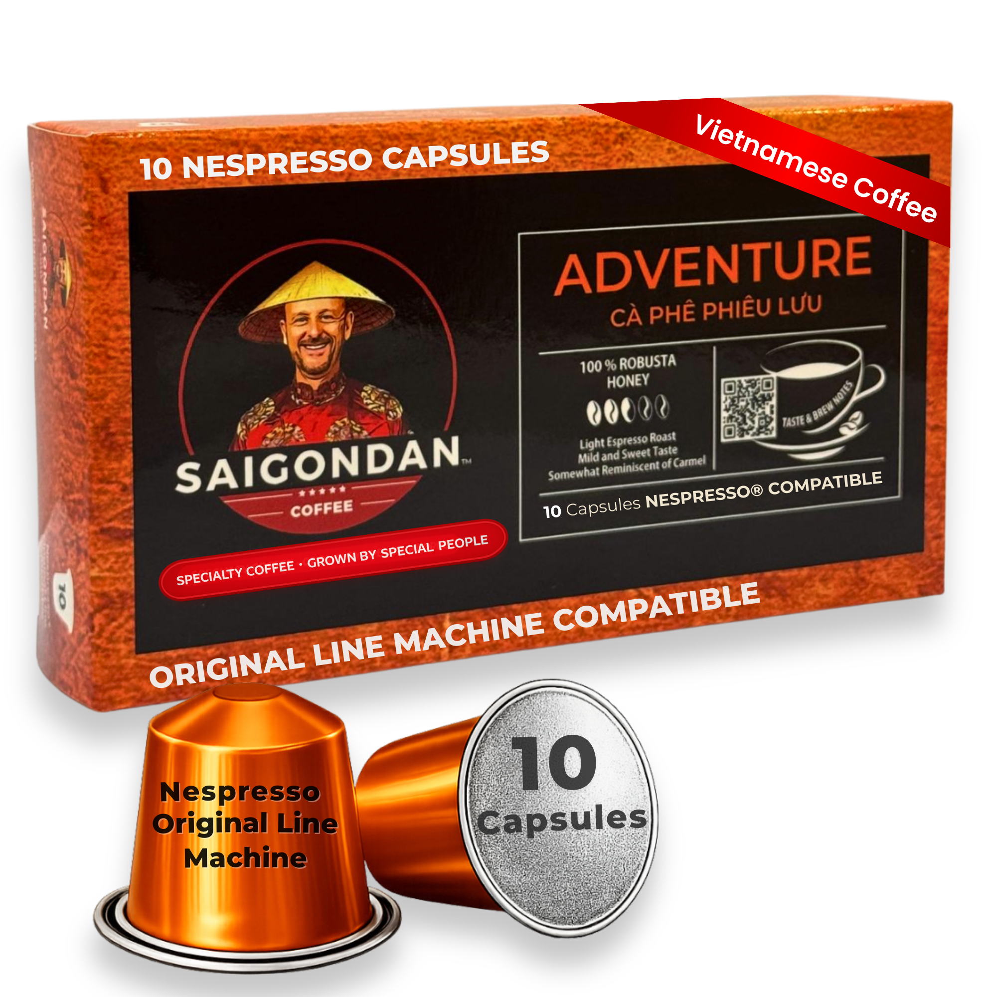 Adventure Coffee Pods - | Light Espresso Roast | Robusta | Vietnamese Single Origin | Small Batch Roasted | Compatible with All Nespresso Original Line Machines | No Preservatives | 10 Capsules