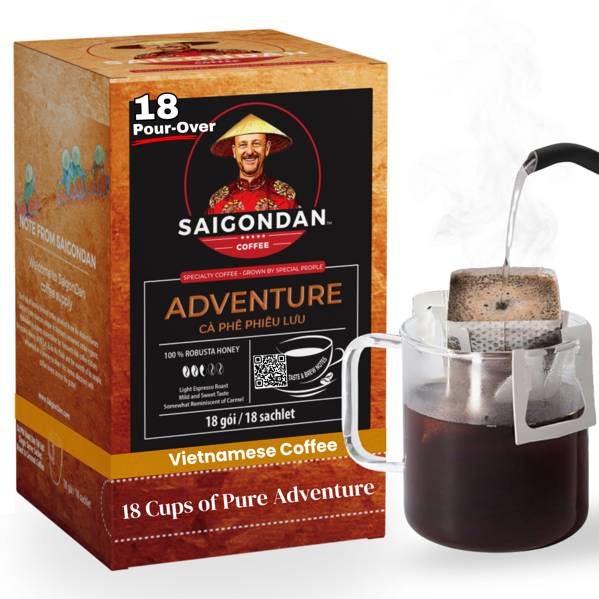 Adventure Drip Instant Coffee | Light Espresso Roast | 100% Robusta | Pour Over Single-Serve | Vietnamese Single Origin | Small Batch Roasted | Direct Trade | Naturally Sweet | No Preservatives | 18 Sachets