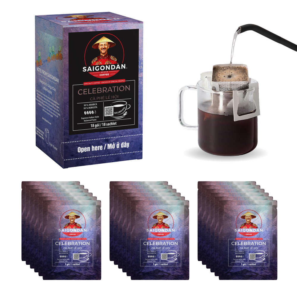 Celebration Drip Instant Coffee | Espresso Roast Italian Style | Arabica & Robusta Blend | Vietnamese Single Origin | Small Batch Roasted | Direct Trade | No Preservatives | 18 Sachets