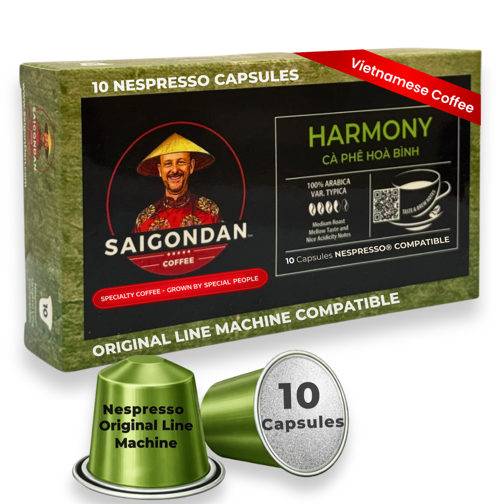 Harmony Coffee Pods - | Medium Roast | Arabica Typica | Vietnamese Single Origin | Small Batch Roasted | Compatible with All Nespresso Original Line Machines | No Preservatives | 10 Capsules