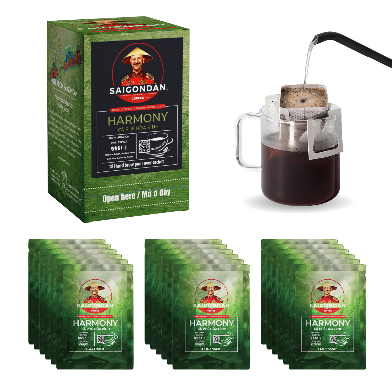 Harmony Drip Instant Coffee | Medium Roast | Arabica Bourbon | Vietnamese Single Origin | Small Batch Roasted | Direct Trade | No Preservatives | 18 Sachets