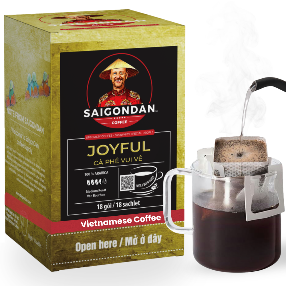Joyful Drip Instant Coffee |  Medium Roast |  100% Arabica Bourbon |  Pour Over Single-Serve | Vietnamese Single Origin |  Roasted in Small Batch |  Direct Trade |  With Notes of Orange Blossom |  No Preservatives |  18 Sachets