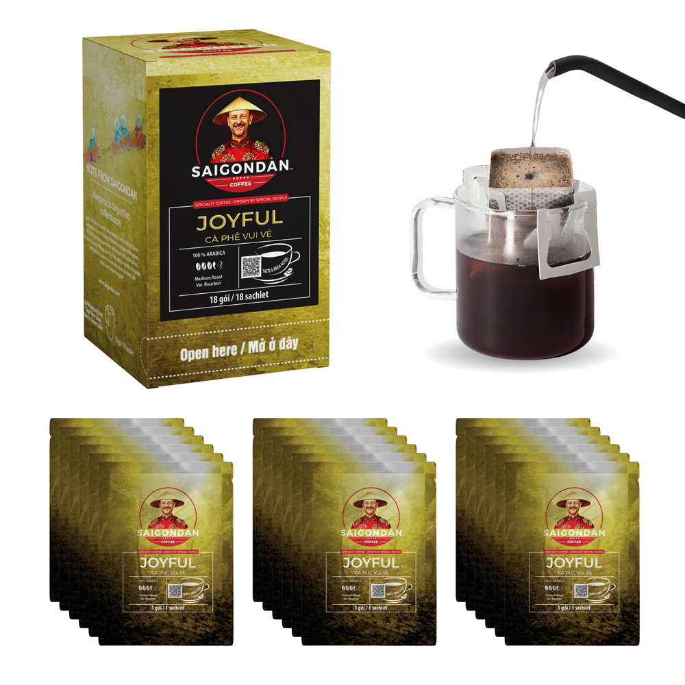 Joyful Drip Instant Coffee |  Medium Roast |  100% Arabica Bourbon |  Pour Over Single-Serve | Vietnamese Single Origin |  Roasted in Small Batch |  Direct Trade |  With Notes of Orange Blossom |  No Preservatives |  18 Sachets