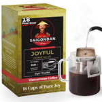 Joyful Drip Instant Coffee |  Medium Roast |  100% Arabica Bourbon |  Pour Over Single-Serve | Vietnamese Single Origin |  Roasted in Small Batch |  Direct Trade |  With Notes of Orange Blossom |  No Preservatives |  18 Sachets