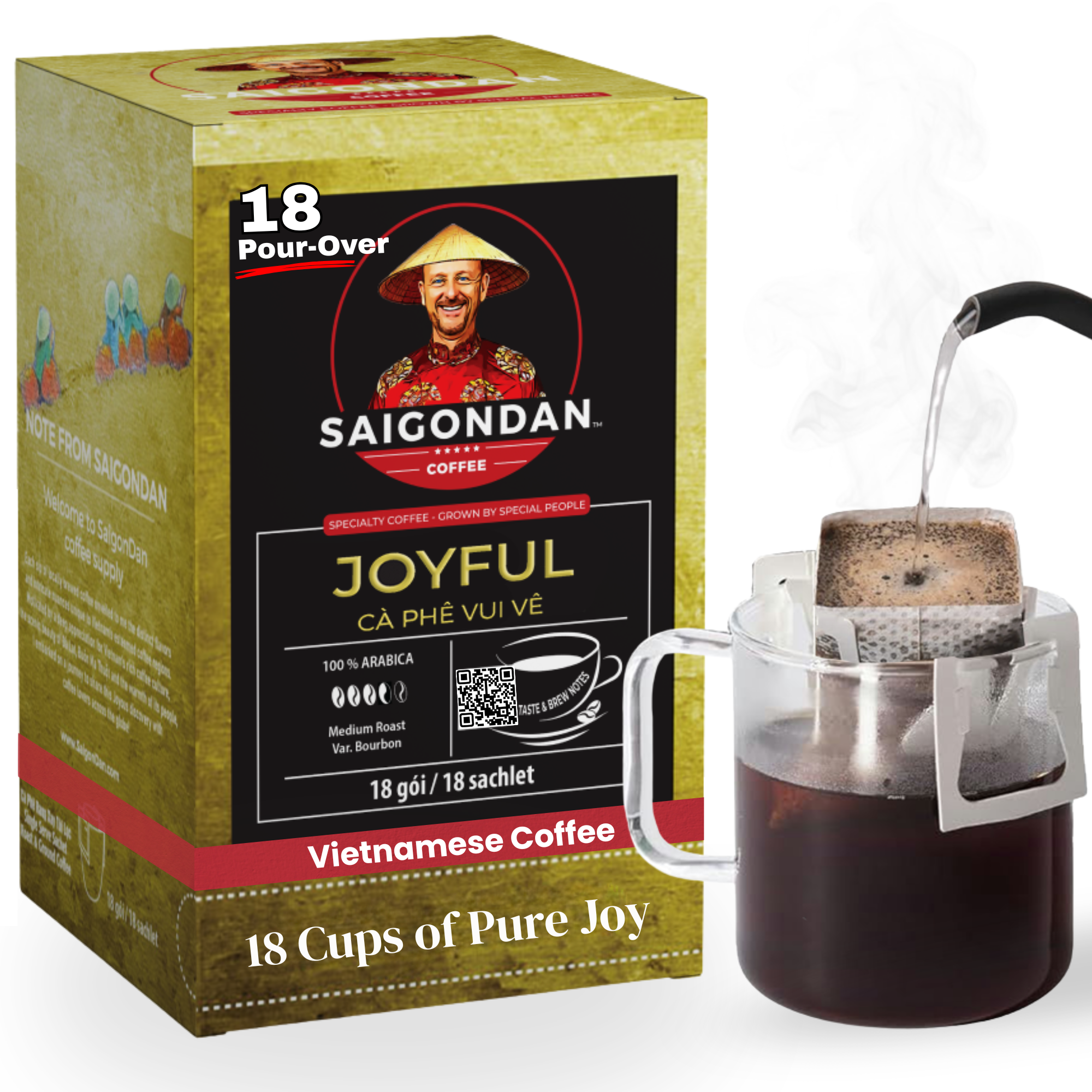 Joyful Drip Instant Coffee |  Medium Roast |  100% Arabica Bourbon |  Pour Over Single-Serve | Vietnamese Single Origin |  Roasted in Small Batch |  Direct Trade |  With Notes of Orange Blossom |  No Preservatives |  18 Sachets
