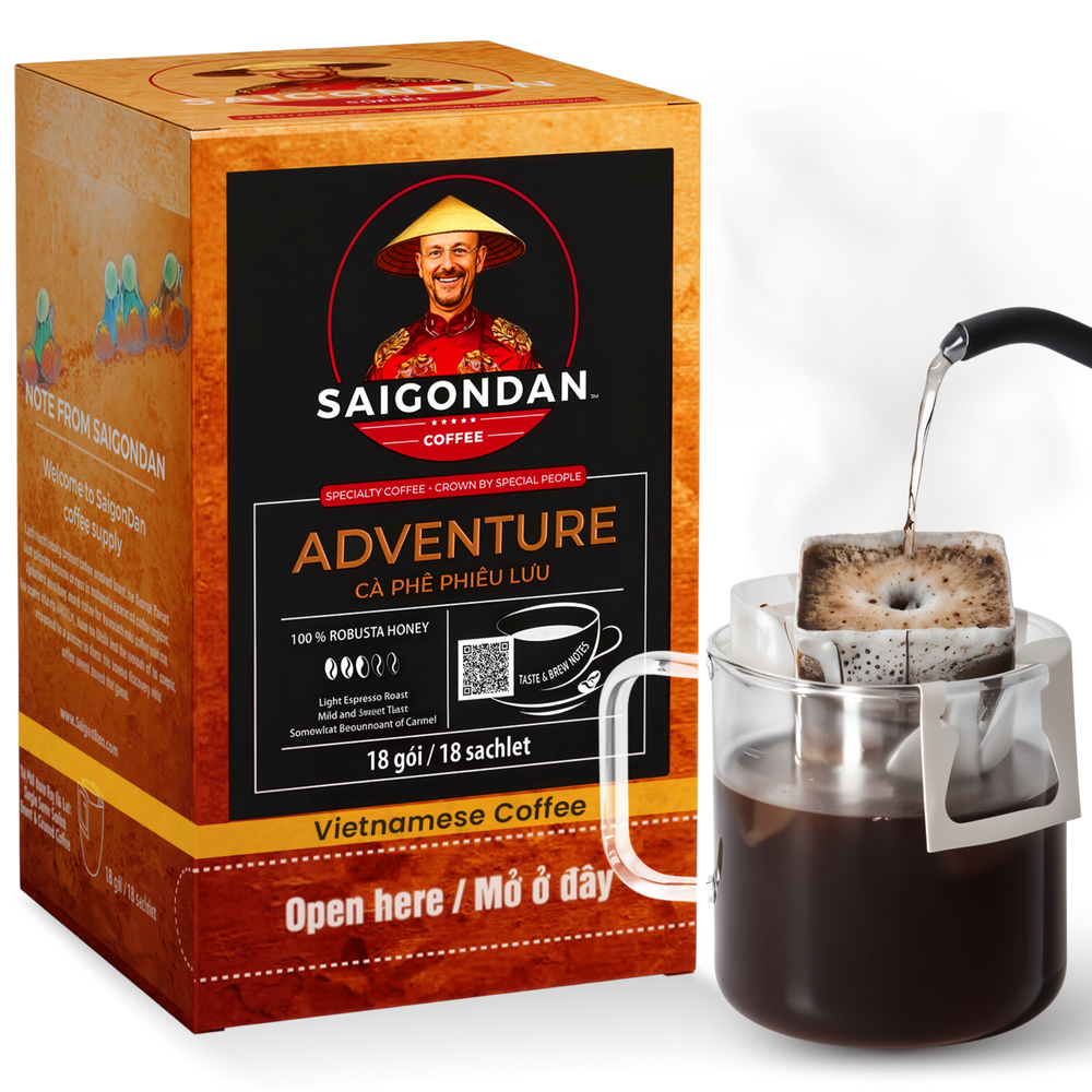 Adventure Drip Instant Coffee | Light Espresso Roast | 100% Robusta | Pour Over Single-Serve | Vietnamese Single Origin | Small Batch Roasted | Direct Trade | Naturally Sweet | No Preservatives | 18 Sachets