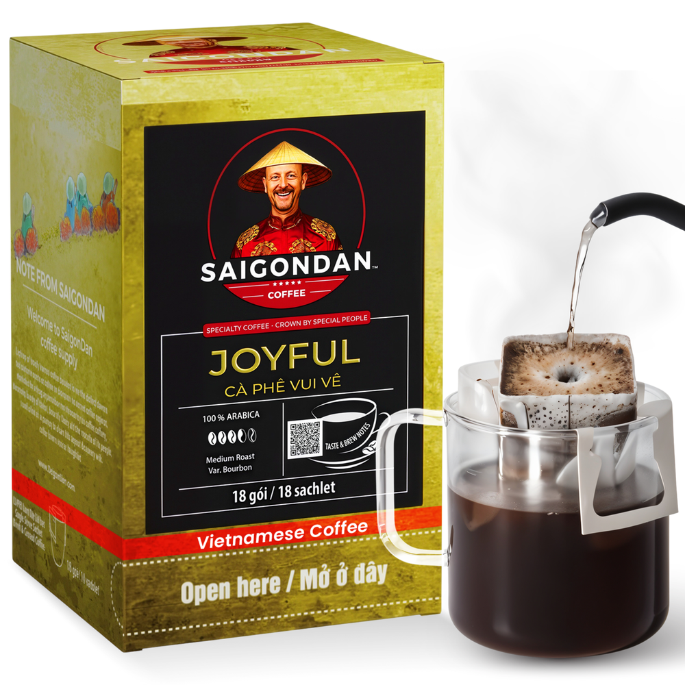 Joyful Drip Instant Coffee |  Medium Roast |  100% Arabica Bourbon |  Pour Over Single-Serve | Vietnamese Single Origin |  Roasted in Small Batch |  Direct Trade |  With Notes of Orange Blossom |  No Preservatives |  18 Sachets