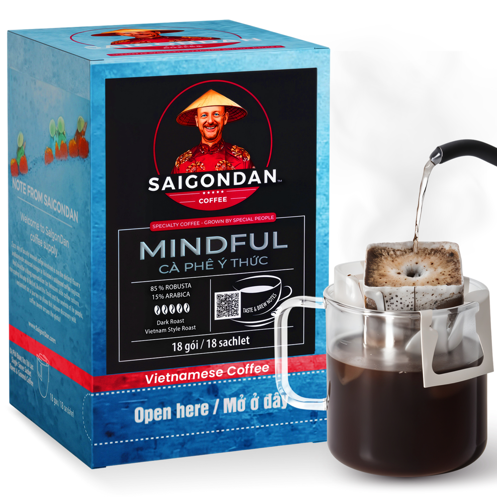 Mindful Drip Instant Coffee | Dark Roast | 85% Robusta & 15% Arabica | Pour Over Single-Serve | Vietnamese Single Origin | Roasted in Small Batch | Full and Strong After Taste | Direct Trade | No Preservatives | 18 Sachets