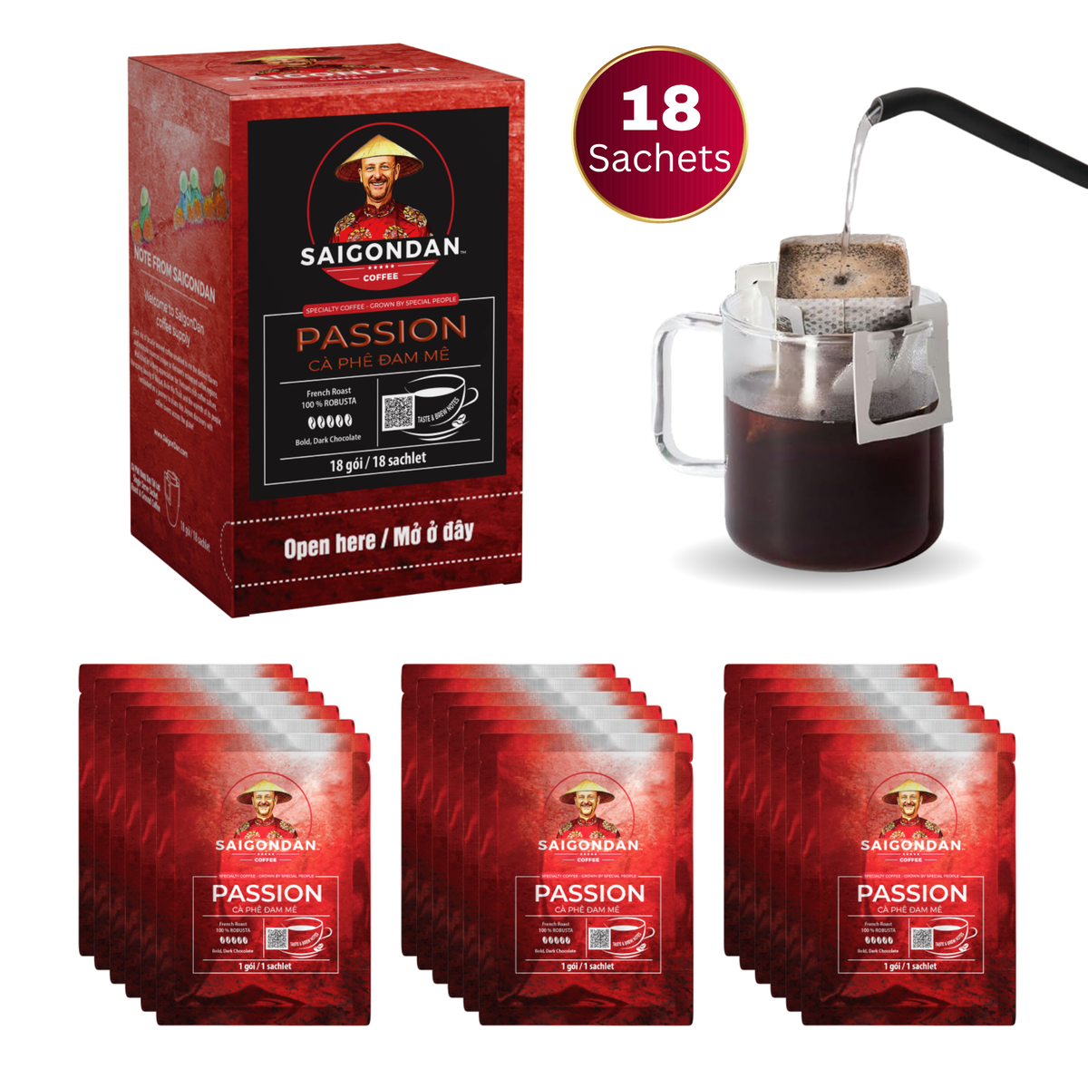 Passion Drip Instant Coffee | French Roast | 100% Robusta | Vietnamese Single Origin | Small Batch Roasted | Direct Trade | No Preservatives | 18 Sachets