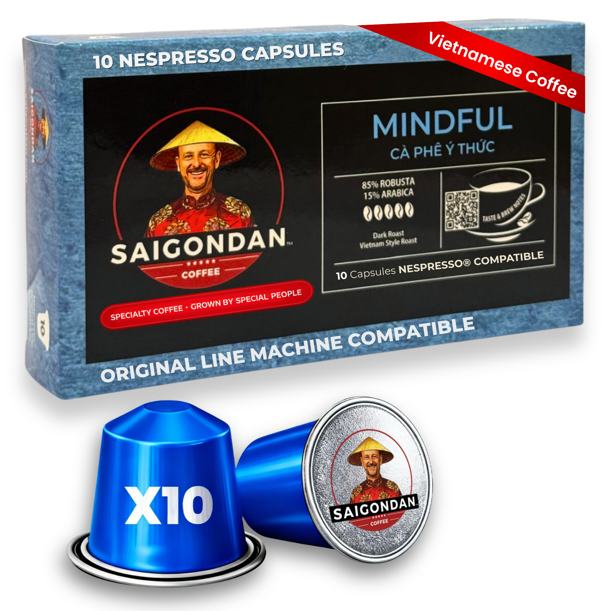 Mindful Coffee Pods - | Dark Roast | Robusta & Arabica Blend | Vietnamese Single Origin | Small Batch Roasted | Compatible with All Nespresso Original Line Machines | 10 Capsules