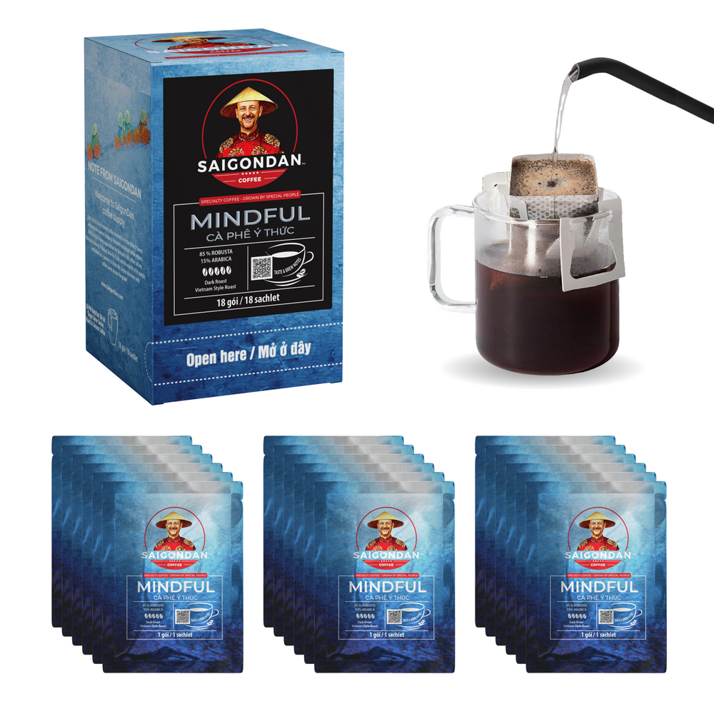 Mindful Drip Instant Coffee | Dark Roast | 85% Robusta & 15% Arabica | Pour Over Single-Serve | Vietnamese Single Origin | Roasted in Small Batch | Full and Strong After Taste | Direct Trade | No Preservatives | 18 Sachets