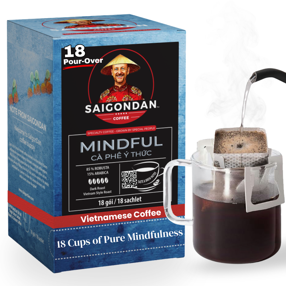 Mindful Drip Instant Coffee | Dark Roast | 85% Robusta & 15% Arabica | Pour Over Single-Serve | Vietnamese Single Origin | Roasted in Small Batch | Full and Strong After Taste | Direct Trade | No Preservatives | 18 Sachets