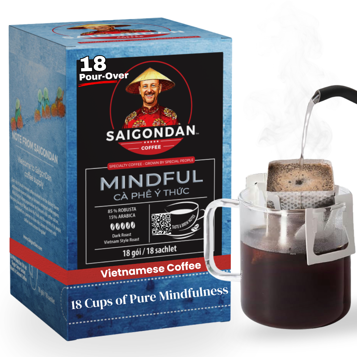 Mindful Drip Instant Coffee | Dark Roast | 85% Robusta & 15% Arabica | Pour Over Single-Serve | 18 Sachets