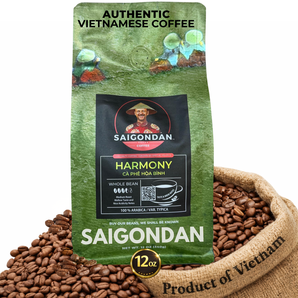 Harmony Whole Bean Coffee | Medium Roast | Vietnamese Single Origin | 100% | Roasted in Small Batch | Direct Trade | No Preservatives | 12 Oz