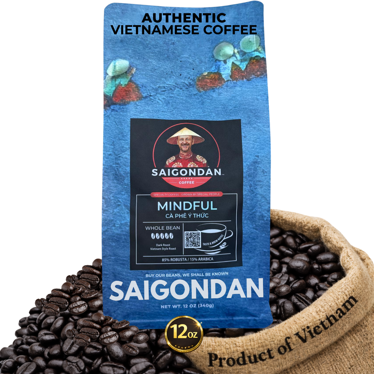 Mindful Whole Bean Coffee | Dark Roast | Robusta & Arabica Blend | Vietnamese Single Origin | Roasted in Small Batch | Full and Strong After Taste | Direct Trade | Full Bodied | No Preservatives | 12 Oz