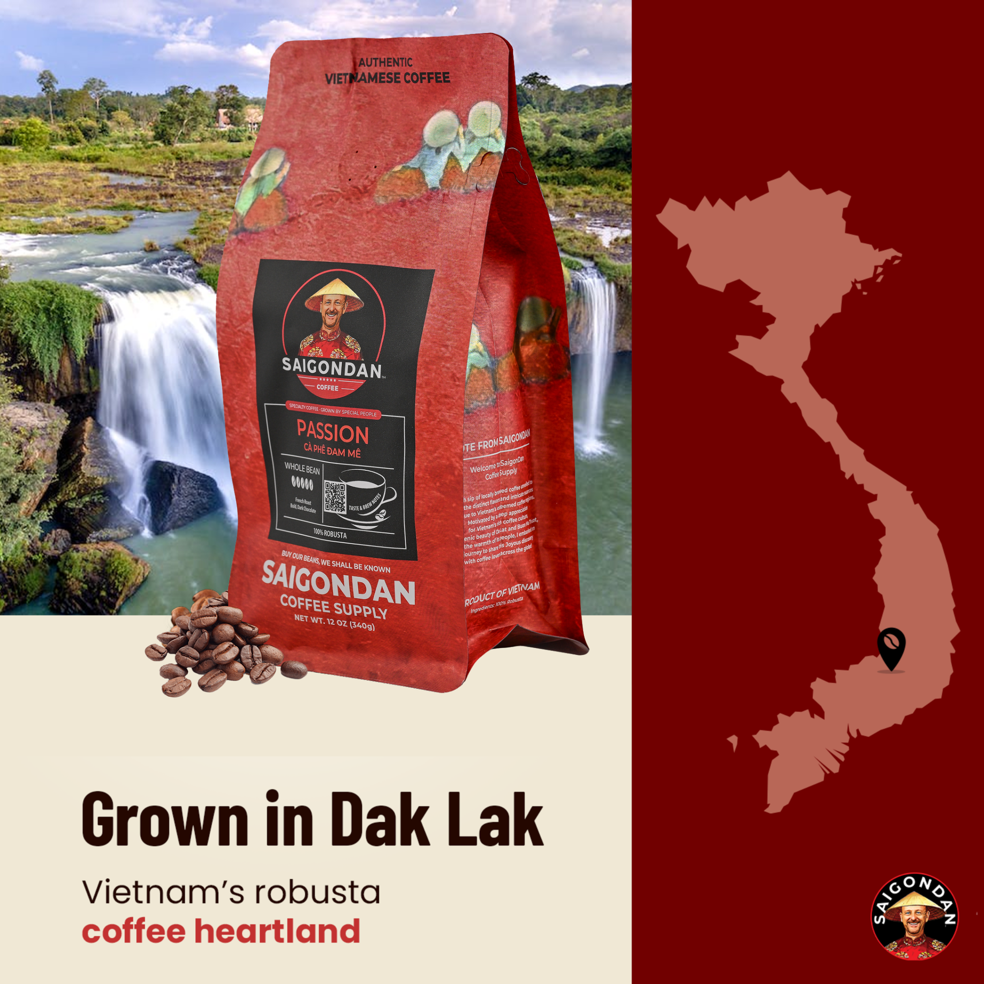 Passion Whole Bean Coffee | French Roast | Vietnamese Single Origin | 100% Robusta | Roasted in Small Batch | Direct Trade | No Preservatives | 12 Oz