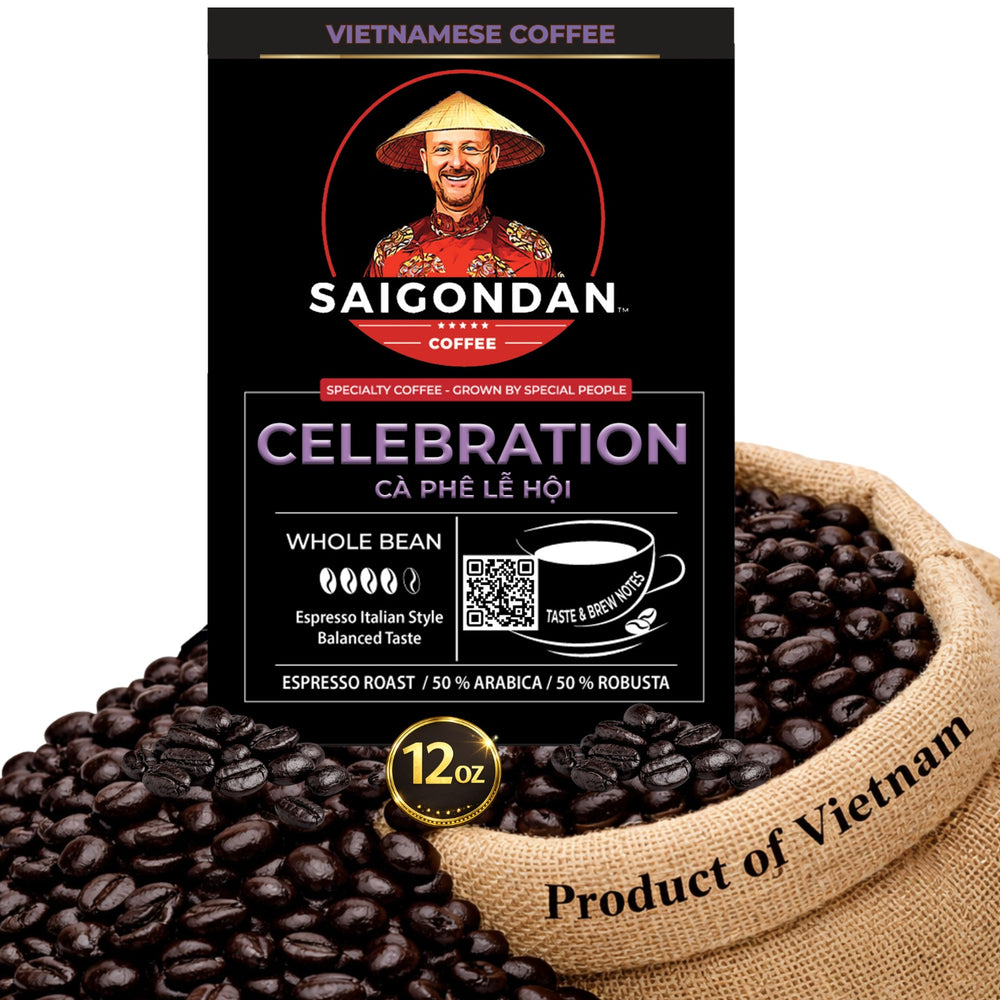 Celebration Whole Bean Coffee | Espresso Roast Italian Style | Vietnamese Single Origin | Arabica & Robusta Blend | Roasted in Small Batch | Direct Trade | No Preservatives | 12 Oz