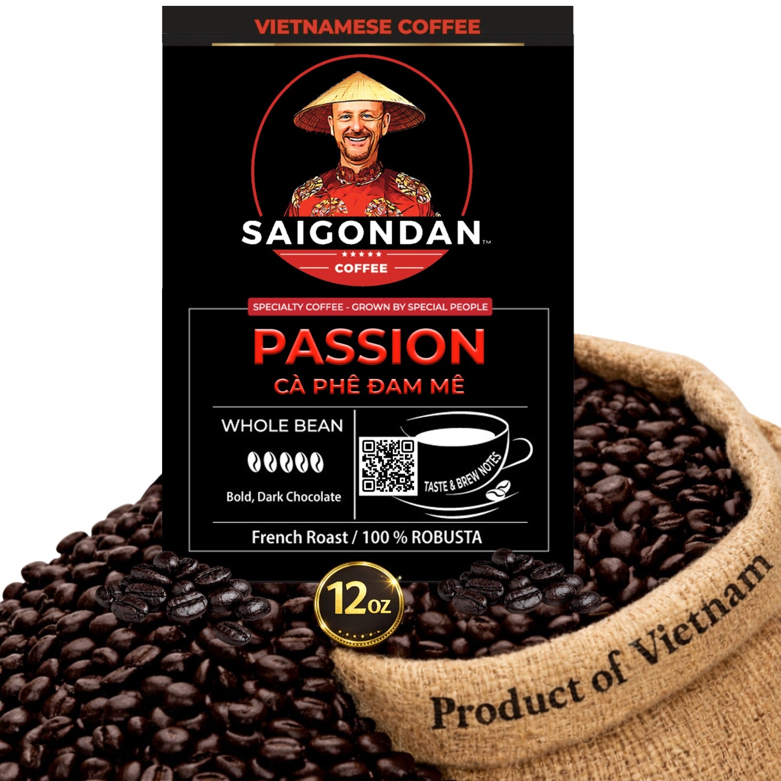 Passion Whole Bean Coffee | French Roast | Vietnamese Single Origin | 100% Robusta | Roasted in Small Batch | Direct Trade | No Preservatives | 12 Oz