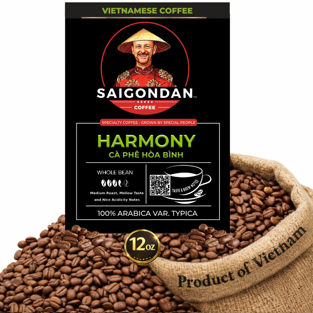 Harmony Whole Bean Coffee | Medium Roast | Vietnamese Single Origin | 100% | Roasted in Small Batch | Direct Trade | No Preservatives | 12 Oz