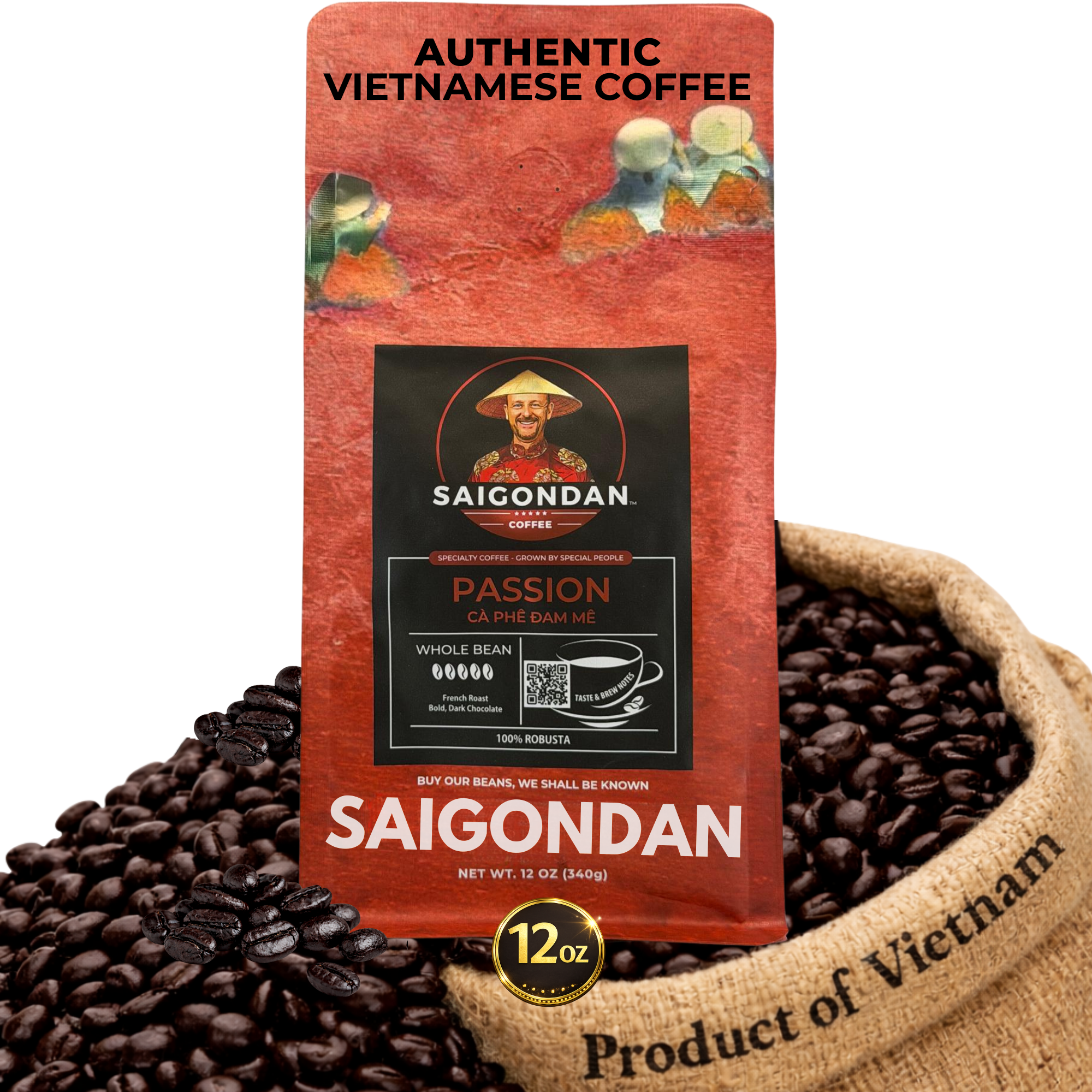 Passion Whole Bean Coffee | French Roast | Vietnamese Single Origin | 100% Robusta | Roasted in Small Batch | Direct Trade | No Preservatives | 12 Oz