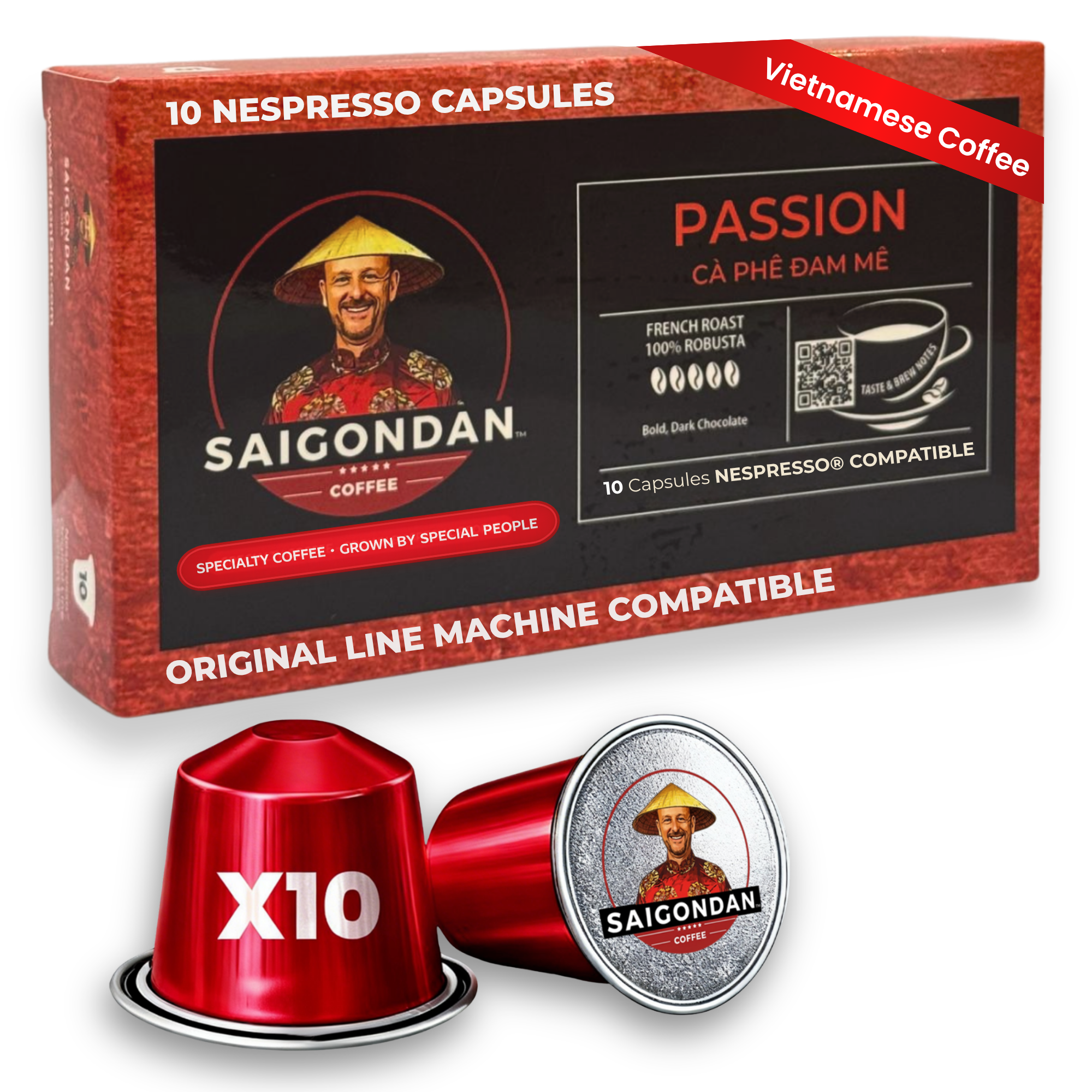 Passion Coffee Pods - | French Roast | Vietnamese Single Origin | Robusta | Small Batch Roasted | Compatible with All Nespresso Original Line Machines | No Preservatives | 10 Capsules